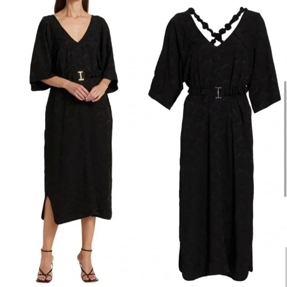 Ganni Naia Jacquard Black Floral Wide Sleeve Cross Back Midi Dress Size 6